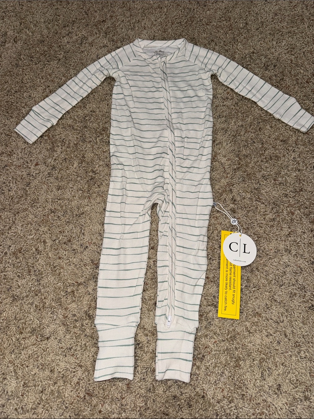 Caden Lane White One-Piece Footie with Thin Green Stripes